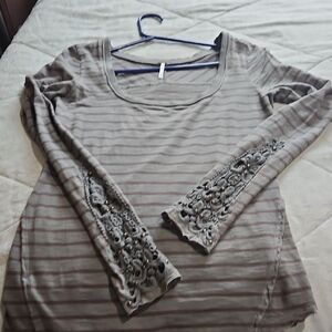 Striped Long Sleeve Top with Lace Detail